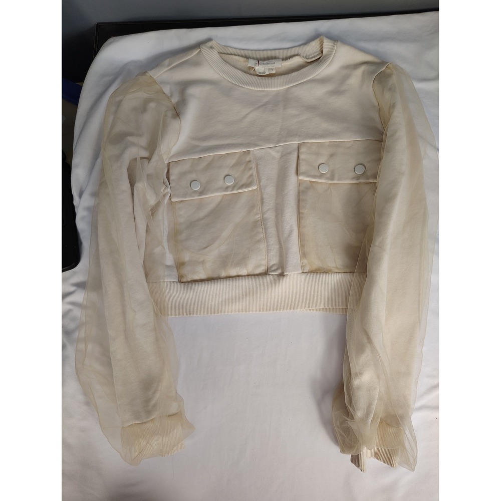 Anthropologie‎ Sheer Mesh Sleeve Cropped Sweatshirt Cream Cargo Pocket Small